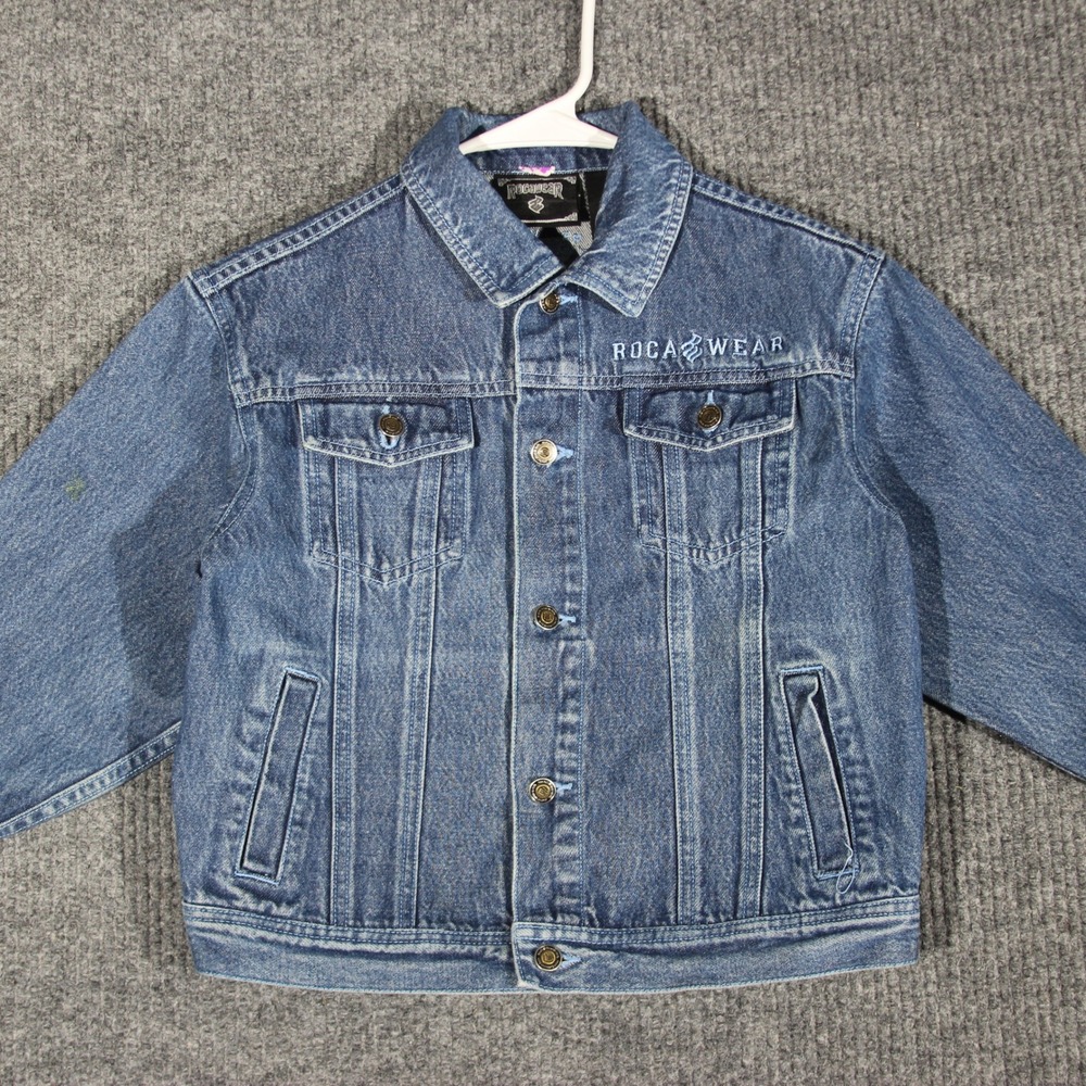 Vintage Rocawear Denim Jacket Boy's Large Blue Button Down Embroidered Y2K Retro